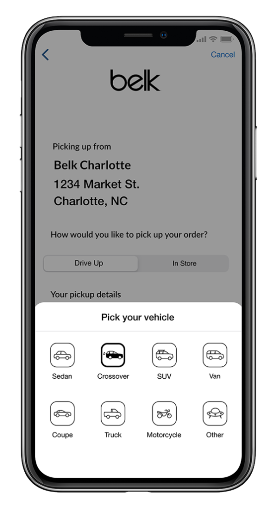 Example of Belk app curbside pick-up screen