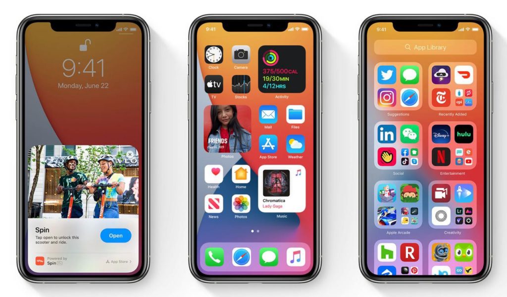 App screenshots. From left to right: App Clips, Widgets and App Library